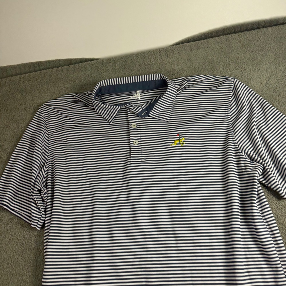 Johnnie-O Mens XL Navy White Striped Performance Golf Polo Shirt Surfer Logo